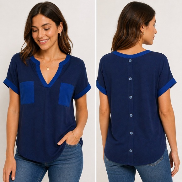 Cable & Gauge Tops - Cable & Gauge Blouse Womens XL Navy Blue Good Button Back V-Neck Short Sleeve